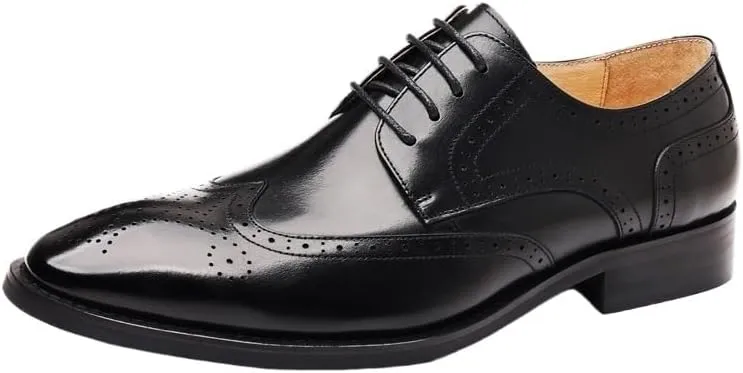 Mens Genuine Leather Dress Shoes Fashion Pointed Toe Low Block Heel Business Work Office Formal Shoes LAT Penny Oxford for Dating Business Party