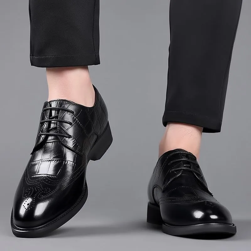 Men's Genuine Leather Oxford Shoes Fashion Pointed Toe Low Block Heel Business Work Office Formal Shoes