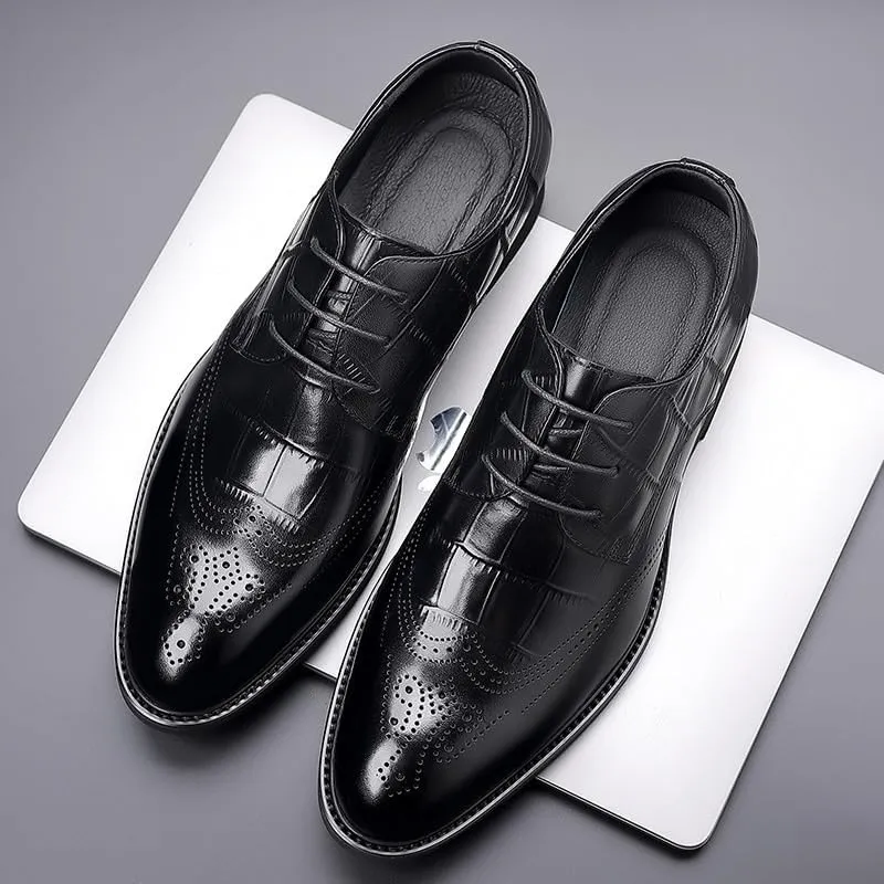 Men's Genuine Leather Oxford Shoes Fashion Pointed Toe Low Block Heel Business Work Office Formal Shoes