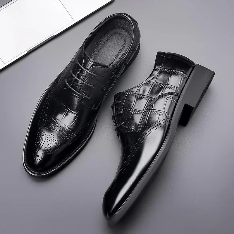 Men's Genuine Leather Oxford Shoes Fashion Pointed Toe Low Block Heel Business Work Office Formal Shoes