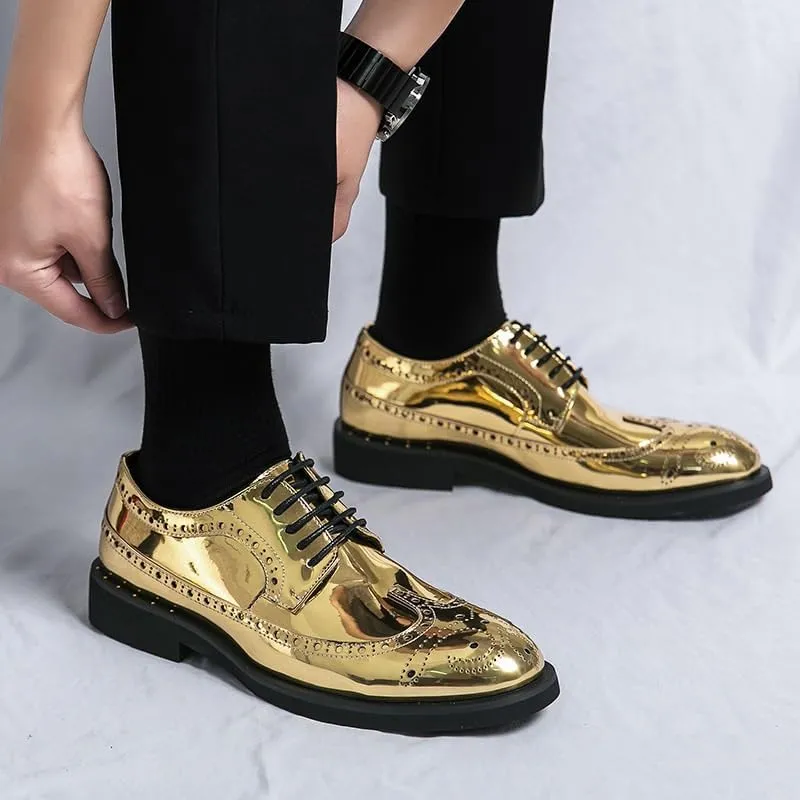 Men's Gold Dress Shoes Mens Casual Business Formal Oxford Shoes Fashion Classic Lace Up Low Derby Shoes for Men