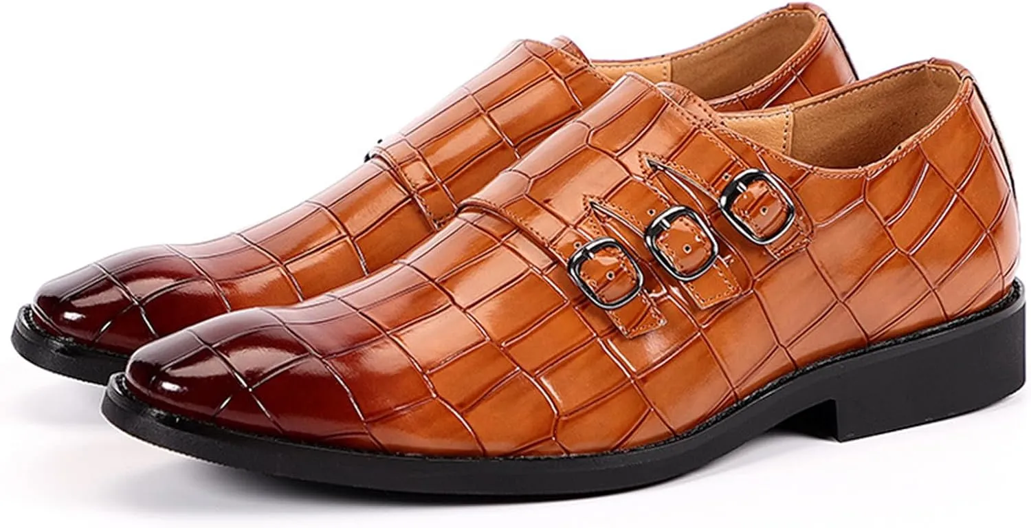 Men's Leather Pointed Buckle Oxford Shoes Fashion Print Loafers Comfortable Non-Slip Slip-On Casual Business Formal Shoes