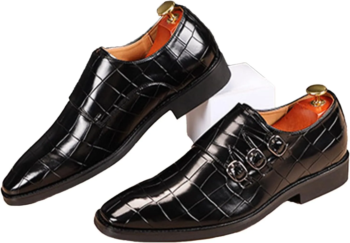 Men's Leather Pointed Buckle Oxford Shoes Fashion Print Loafers Comfortable Non-Slip Slip-On Casual Business Formal Shoes