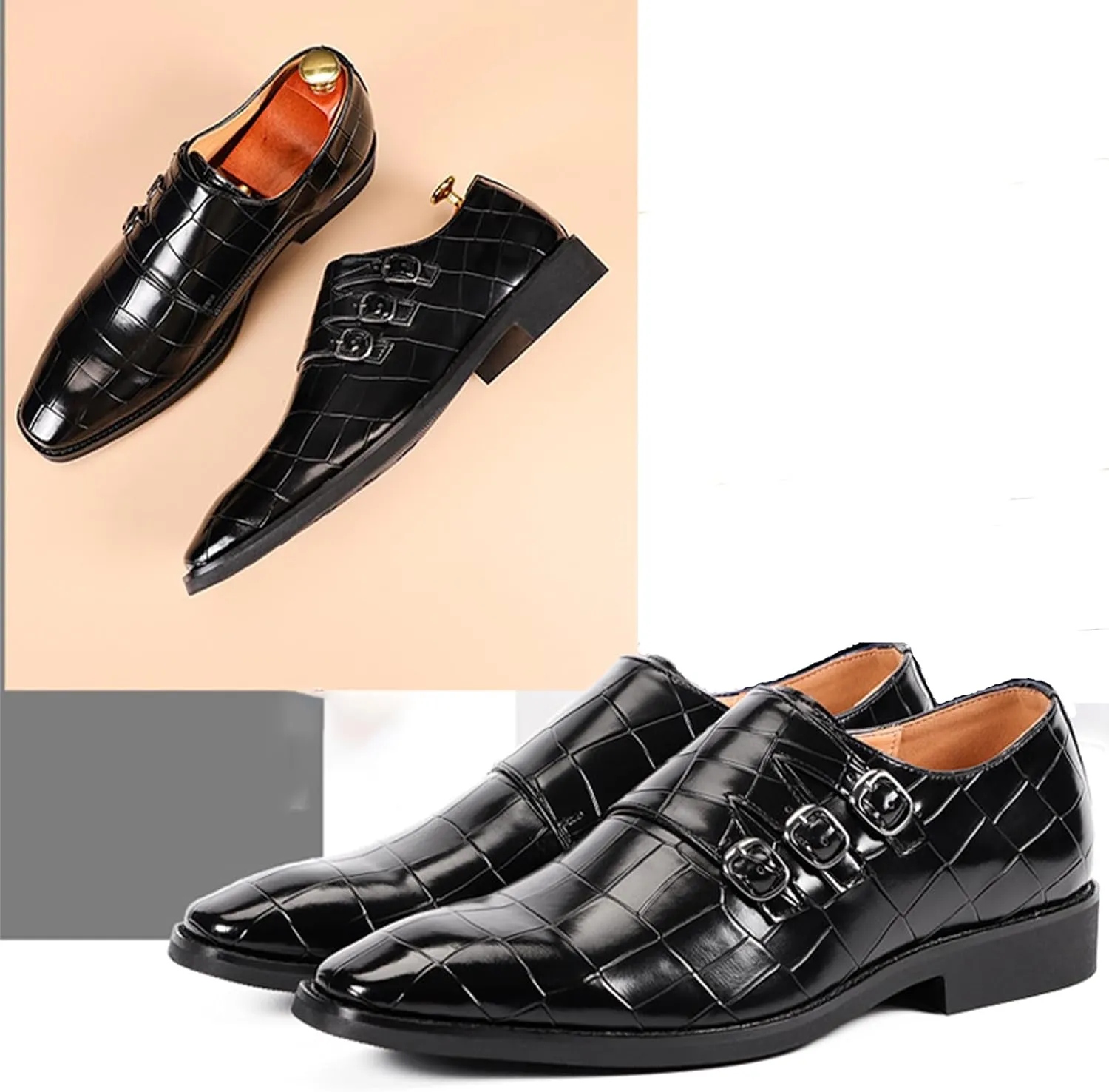 Men's Leather Pointed Buckle Oxford Shoes Fashion Print Loafers Comfortable Non-Slip Slip-On Casual Business Formal Shoes