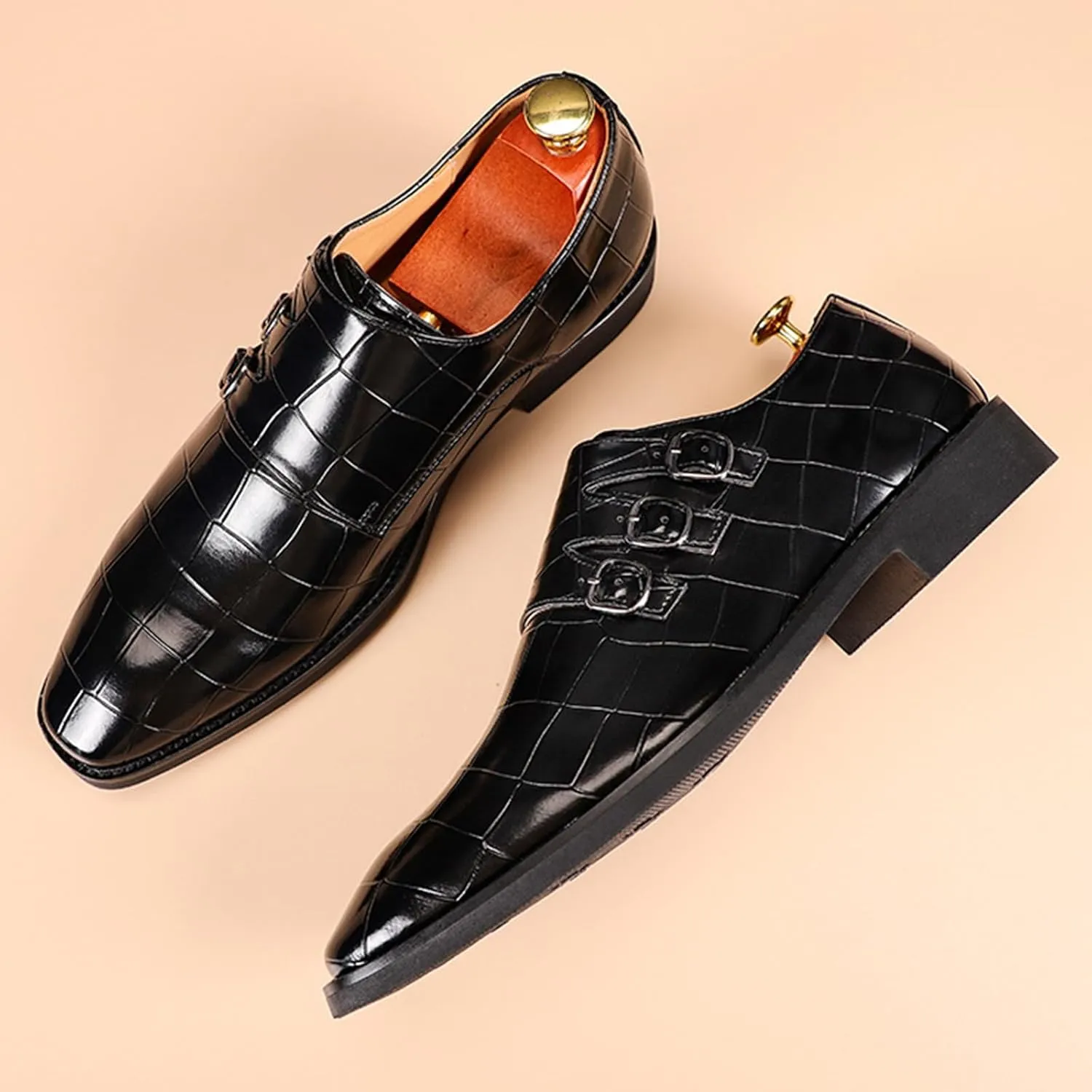 Men's Leather Pointed Buckle Oxford Shoes Fashion Print Loafers Comfortable Non-Slip Slip-On Casual Business Formal Shoes