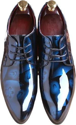 Men's Patent Leather Pointed Toe Floral Oxford Shoes Fashion Lace-Up Casual Business Formal Shoes Wedding Banquet Dress Shoes