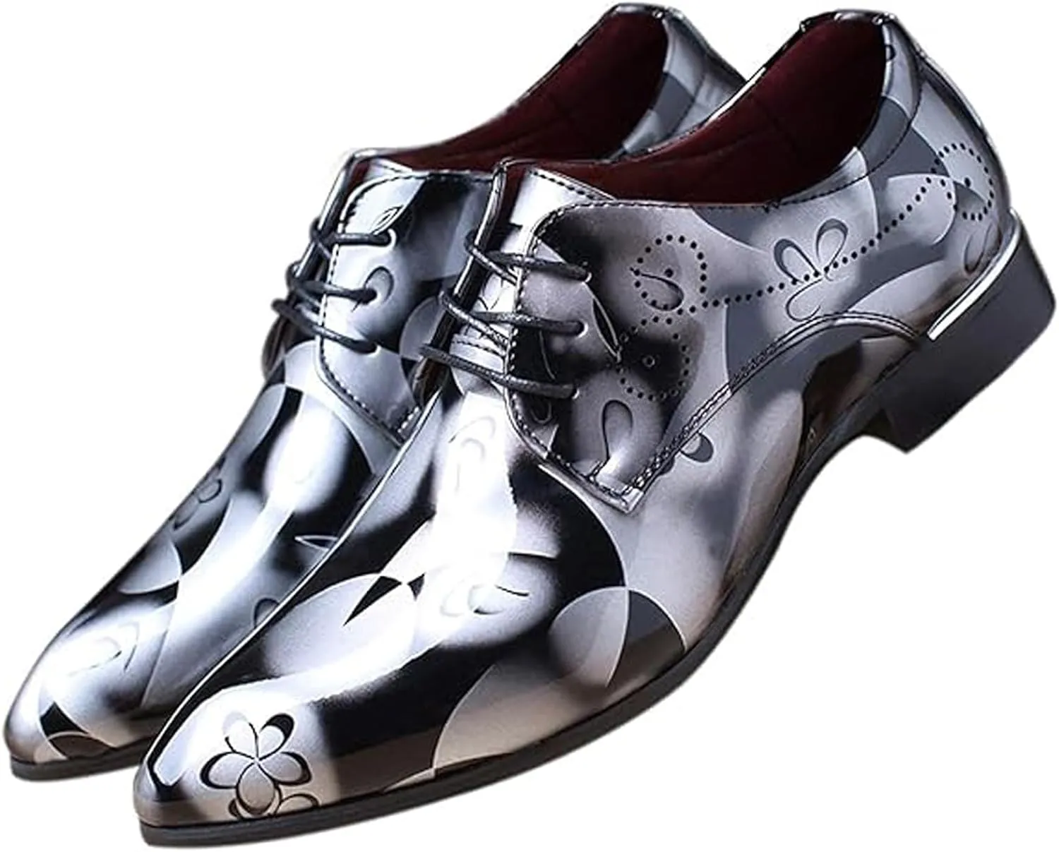 Men's Patent Leather Pointed Toe Floral Oxford Shoes Fashion Lace-Up Casual Business Formal Shoes Wedding Banquet Dress Shoes