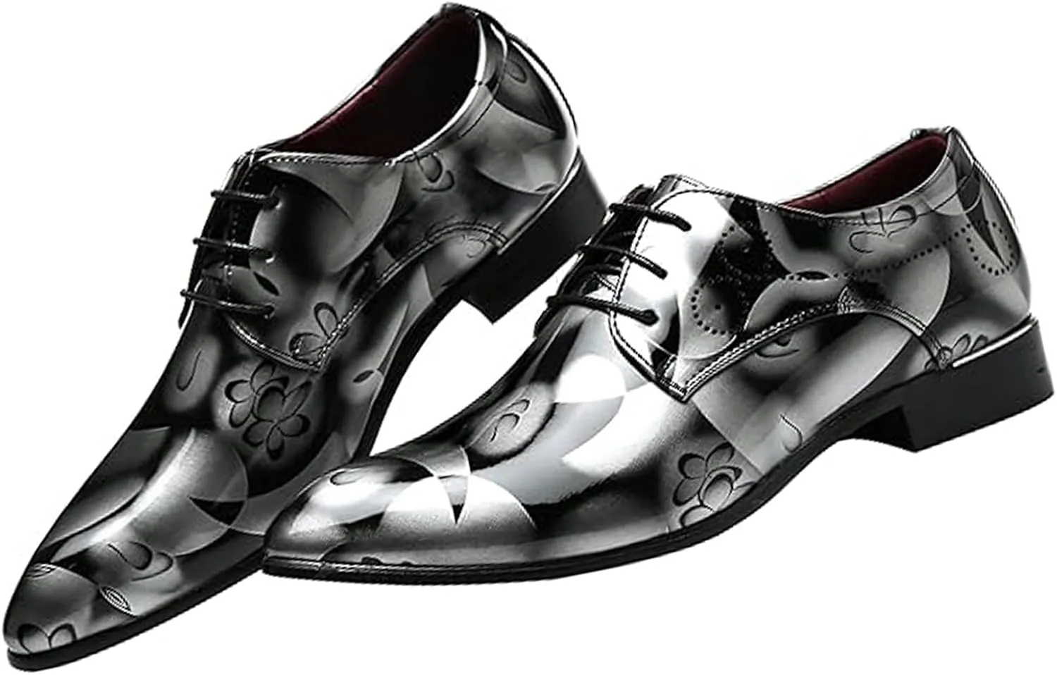 Men's Patent Leather Pointed Toe Floral Oxford Shoes Fashion Lace-Up Casual Business Formal Shoes Wedding Banquet Dress Shoes