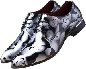 Men's Patent Leather Pointed Toe Floral Oxford Shoes Fashion Lace-Up Casual Business Formal Shoes Wedding Banquet Dress Shoes