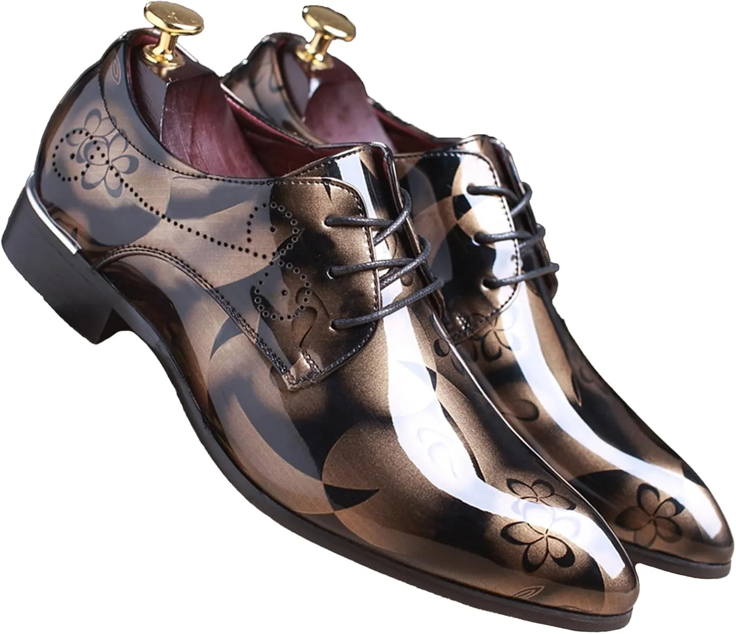 Men's Patent Leather Pointed Toe Floral Oxford Shoes Fashion Lace-Up Casual Business Formal Shoes Wedding Banquet Dress Shoes