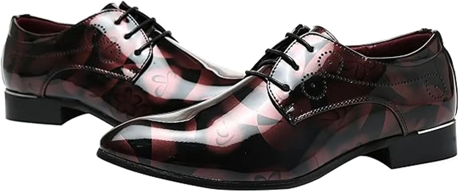 Men's Patent Leather Pointed Toe Floral Oxford Shoes Fashion Lace-Up Casual Business Formal Shoes Wedding Banquet Dress Shoes