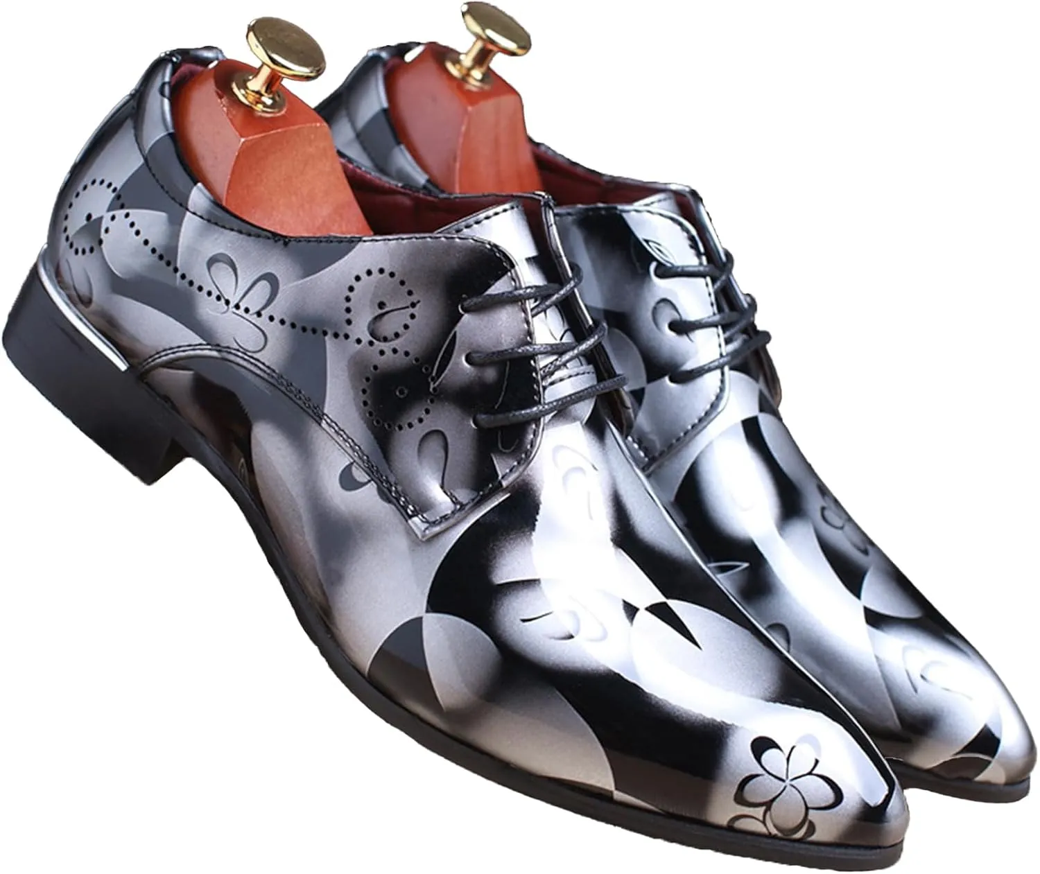 Men's Patent Leather Pointed Toe Floral Oxford Shoes Fashion Lace-Up Casual Business Formal Shoes Wedding Banquet Dress Shoes