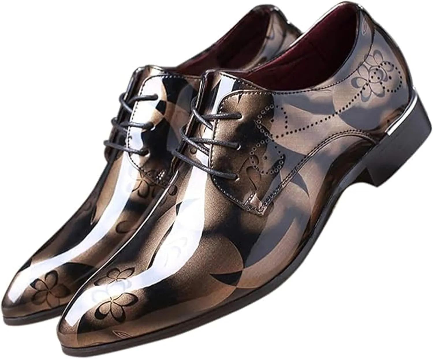 Men's Patent Leather Pointed Toe Floral Oxford Shoes Fashion Lace-Up Casual Business Formal Shoes Wedding Banquet Dress Shoes