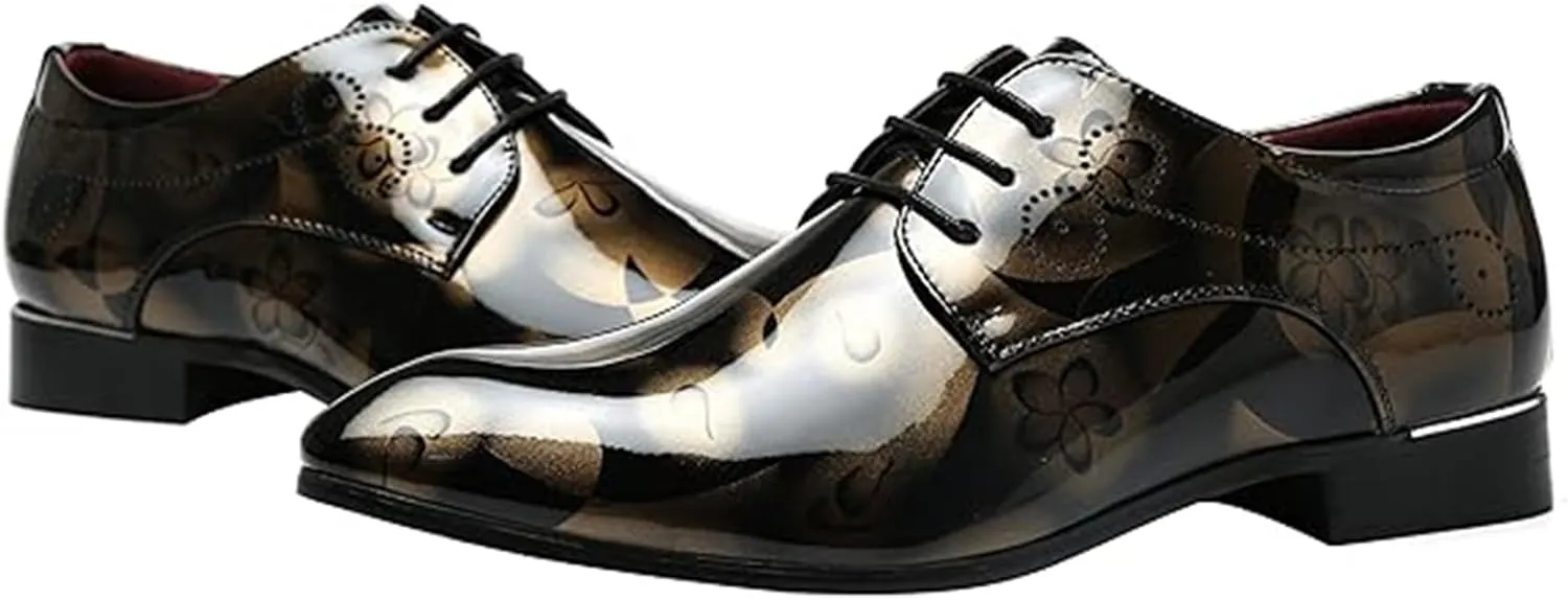 Men's Patent Leather Pointed Toe Floral Oxford Shoes Fashion Lace-Up Casual Business Formal Shoes Wedding Banquet Dress Shoes
