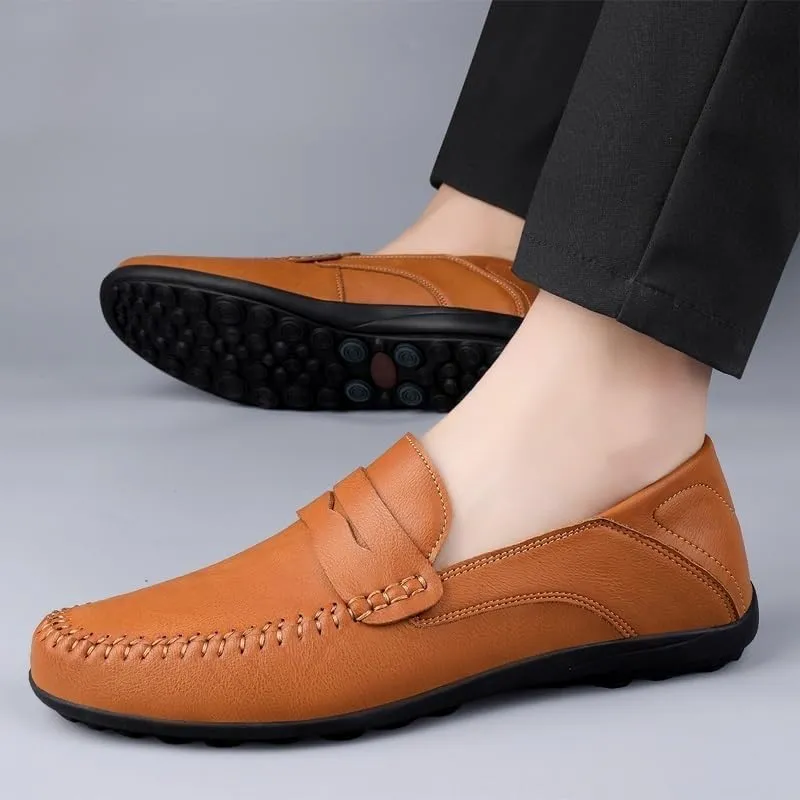 Men's Prom Loafers Leather Business Solid Color Prom Non Slip Low Top Block Heel Anti-Slip Shoe Slip On