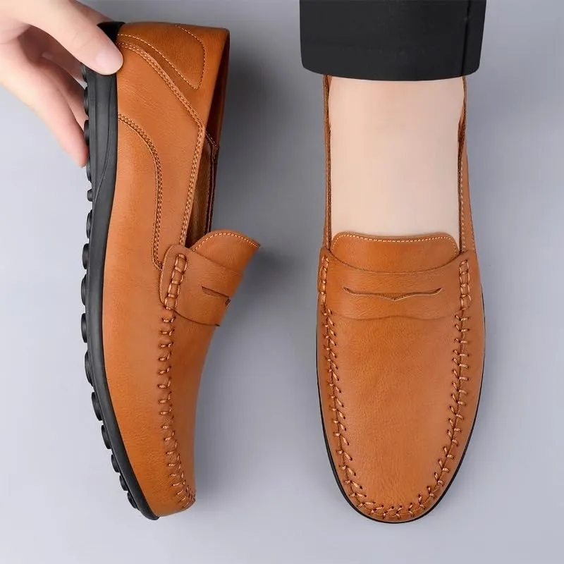 Men's Prom Loafers Leather Business Solid Color Prom Non Slip Low Top Block Heel Anti-Slip Shoe Slip On