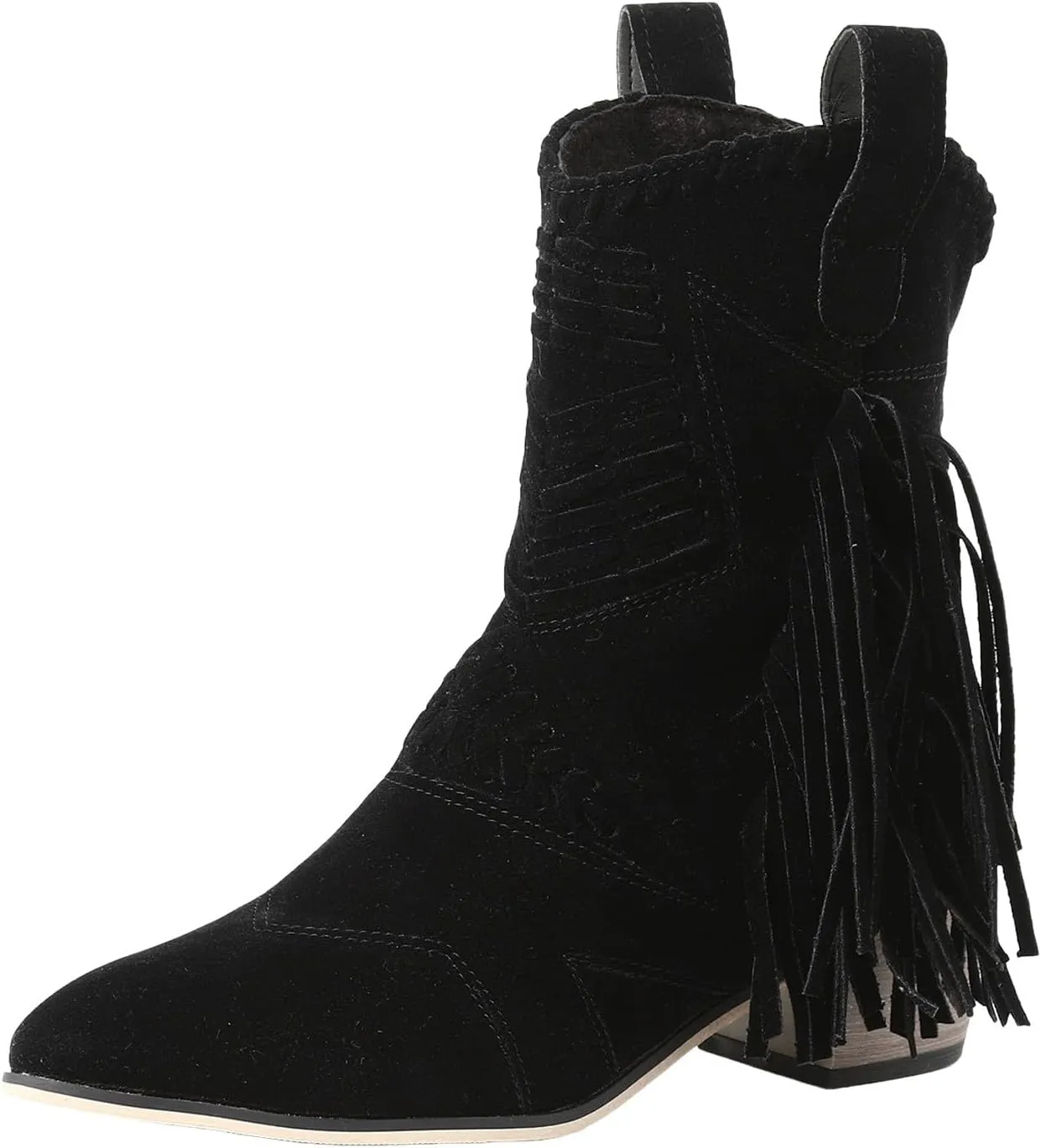 Mid Calf Boots for Women Ankle Boots Tassel Pointed Toe Chunky Heel Side Zipper Boots Casual Classic Mid Calf Boots