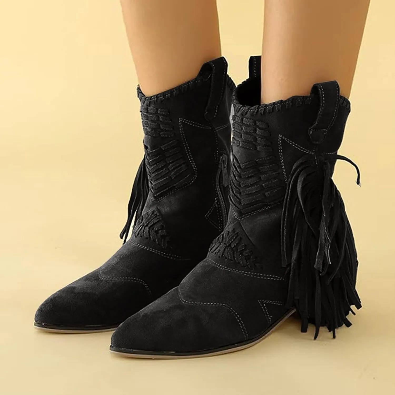 Mid Calf Boots for Women Ankle Boots Tassel Pointed Toe Chunky Heel Side Zipper Boots Casual Classic Mid Calf Boots
