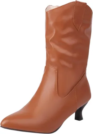 Mid Calf Boots for Women Party Stylish Casual Zip Pointed Toe Kitten Low Heel Knee High Boots 2 Inch
