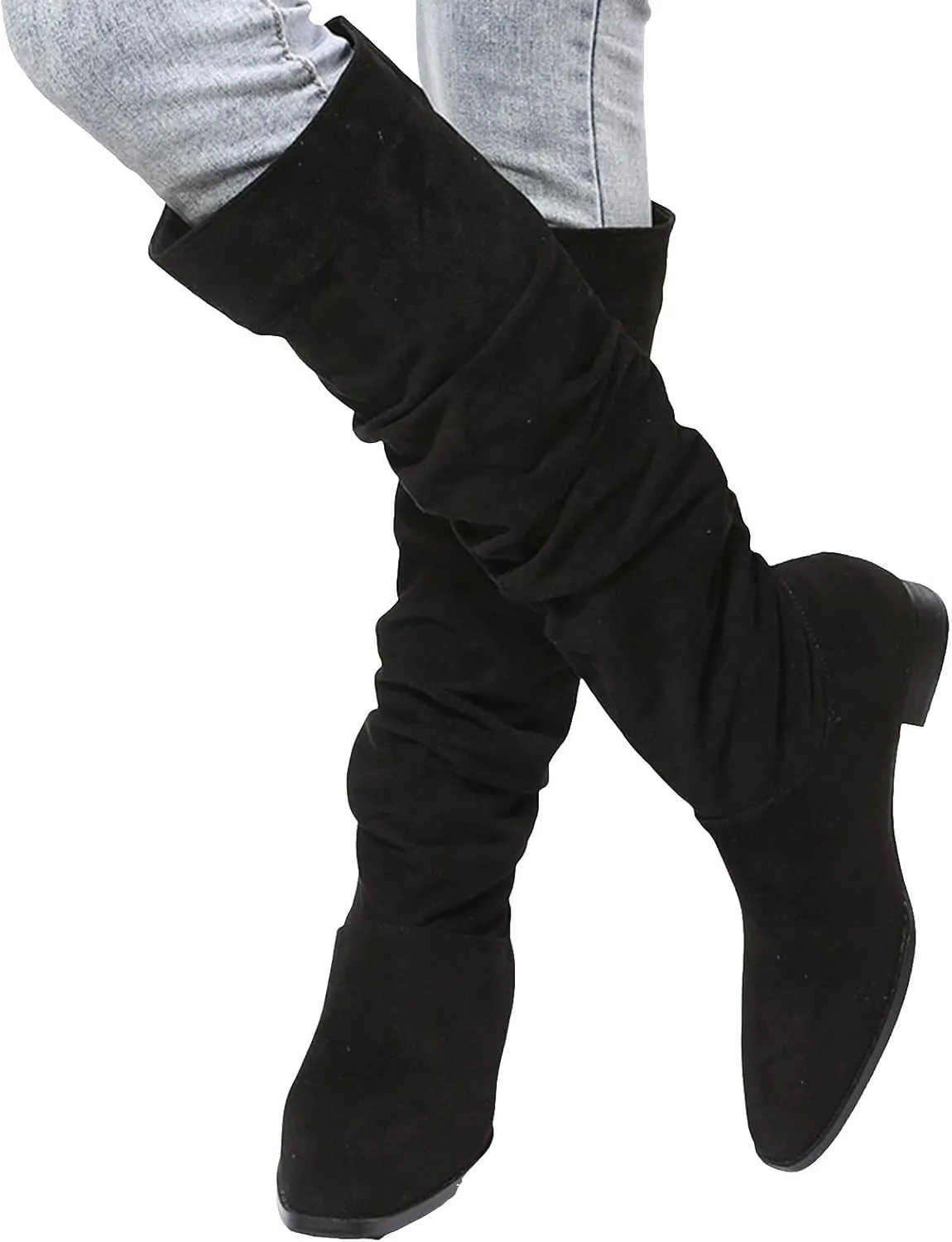 Mid Calf Boots for Women, Solid Color Mid Calf Pointed Toe Chunky Heels Pleated Knee High Boots Wide Calf Block Heel Boots