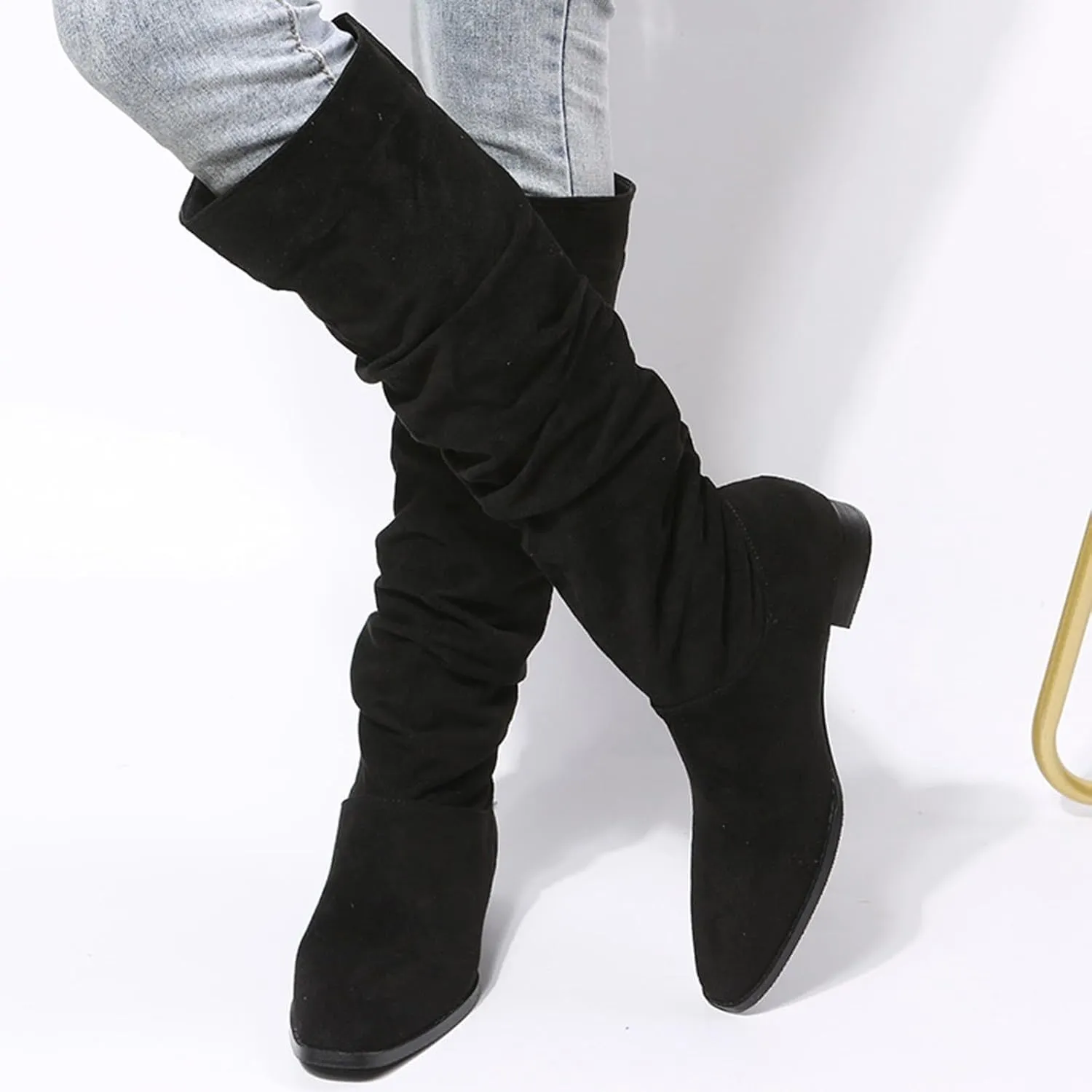 Mid Calf Boots for Women, Solid Color Mid Calf Pointed Toe Chunky Heels Pleated Knee High Boots Wide Calf Block Heel Boots