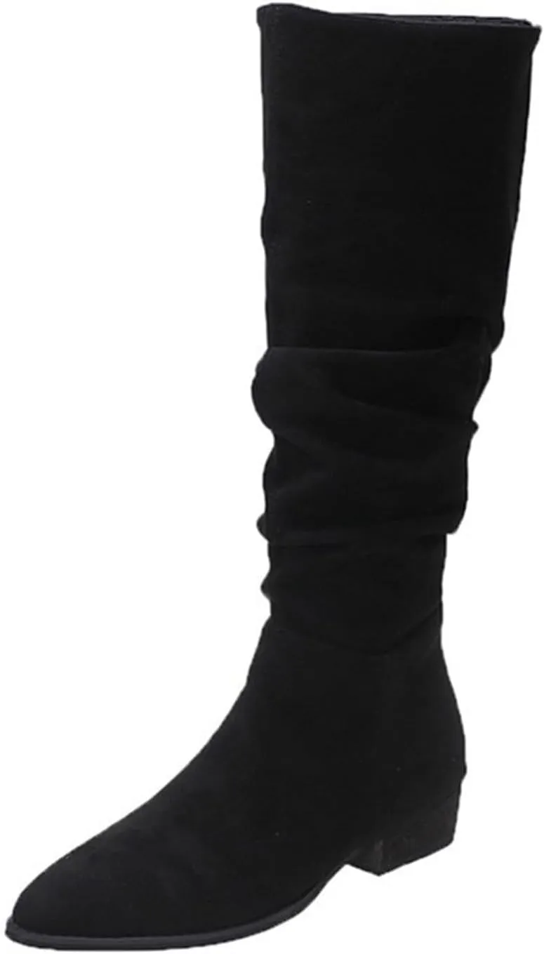 Mid Calf Boots for Women, Solid Color Mid Calf Pointed Toe Chunky Heels Pleated Knee High Boots Wide Calf Block Heel Boots