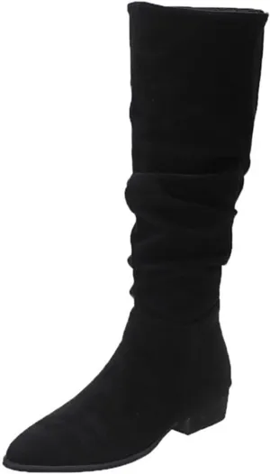 Mid Calf Boots for Women, Solid Color Mid Calf Pointed Toe Chunky Heels Pleated Knee High Boots Wide Calf Block Heel Boots