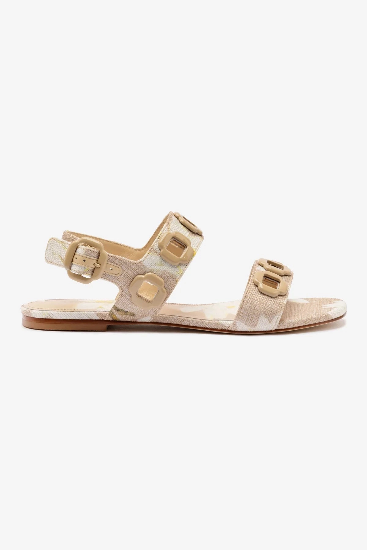 Flexible Comfort Office Appropriate Shoes Milan Flat Sandal In Beige Printed Raffia
