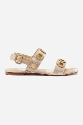 Milan Flat Sandal In Beige Printed Raffia Island Step Sea Breeze