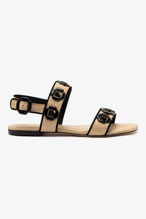 Run Path Milan Flat Sandal In Beige Raffia and Black Trimming