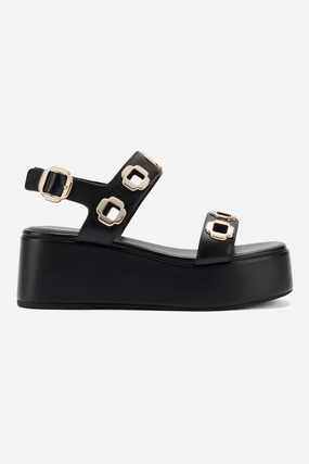 Soft Flexible Versatile Outdoor Style Milan Flatform Sandal In Black Leather Odor Control Agents
