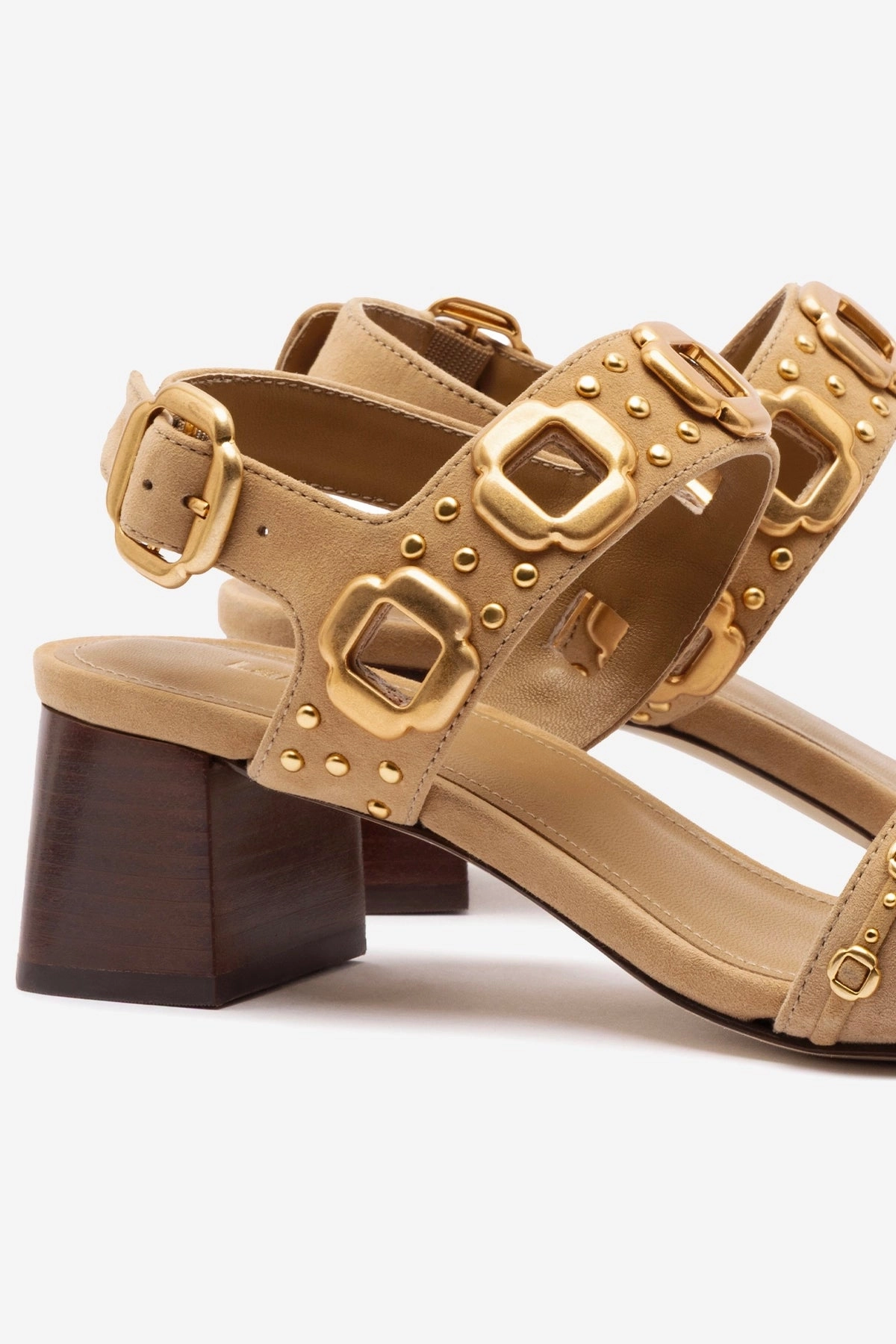 Soft Tech Foam Mood Boost Milan Studs Block Sandal In Peanut Suede Strappy Sandals