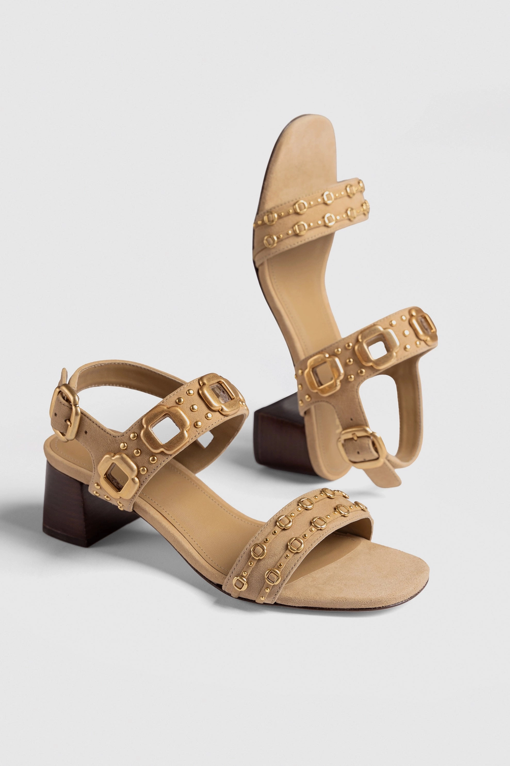 Milan Studs Block Sandal In Peanut Suede Strappy Sandals Stylish Flip-flops for Travel