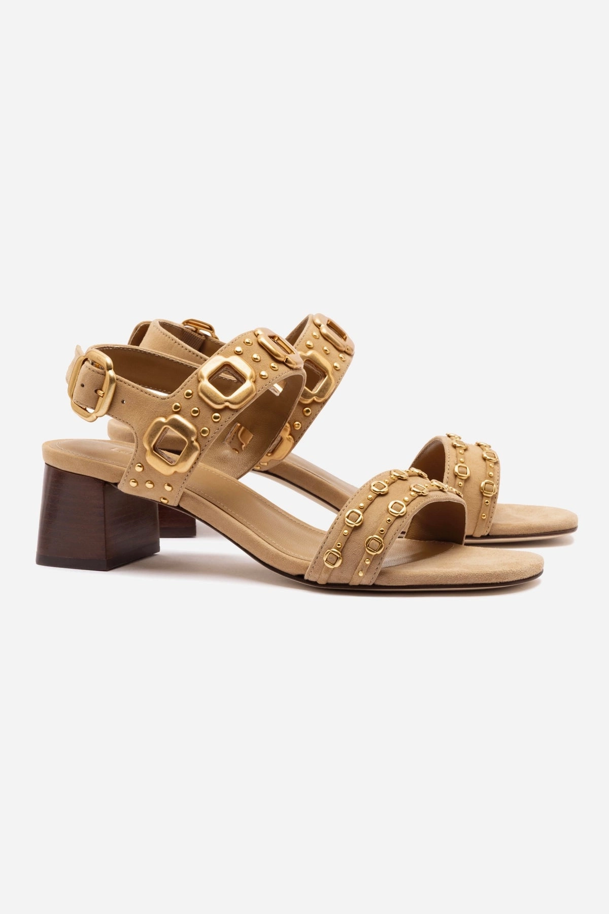Anti Friction Lining Milan Studs Block Sandal In Peanut Suede Strappy Sandals