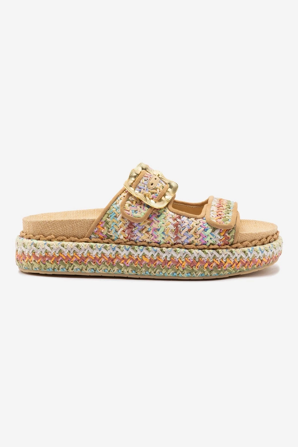 Maui Slide In Tapestry Rainbow Raffia and Beige Trimming Forest trail
