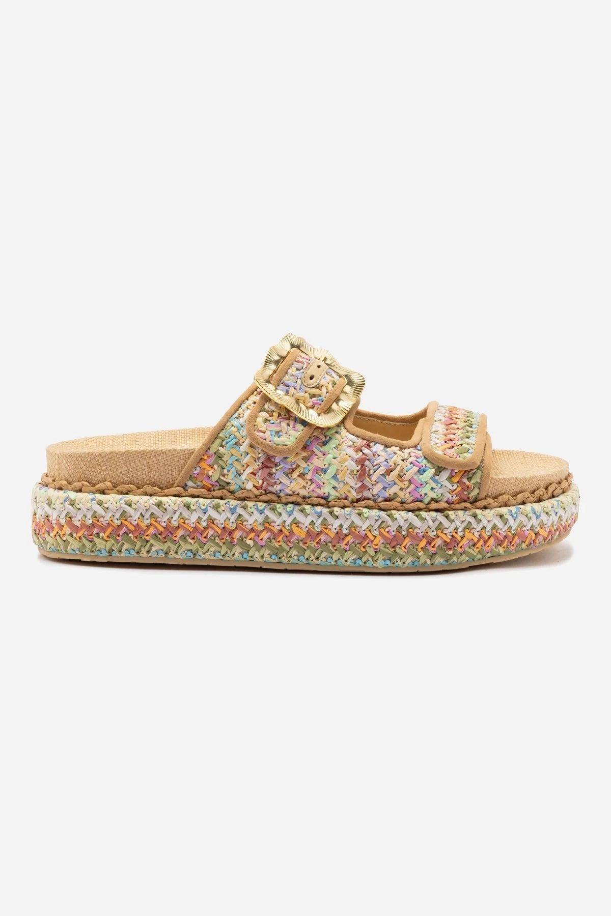 Maui Slide In Tapestry Rainbow Raffia and Beige Trimming Preppy Tone Comfortable Vibe