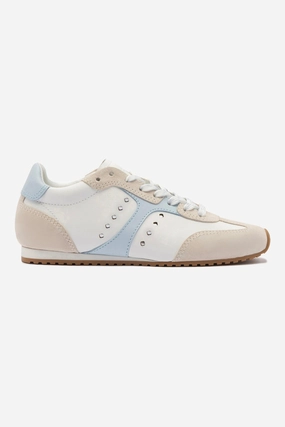 Stella Sneaker In Grey Suede, White Leather and Silver Metallic Leather Stylish Support Happy Walk Footwear
