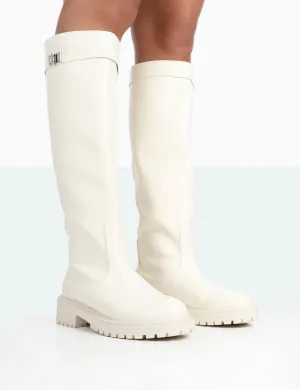 More Fun Ecru PU Round Toe Knee High Boots