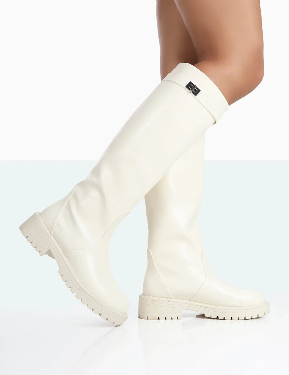 More Fun Ecru PU Round Toe Knee High Boots