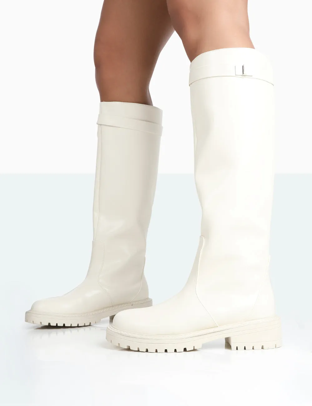 More Fun Ecru PU Round Toe Knee High Boots