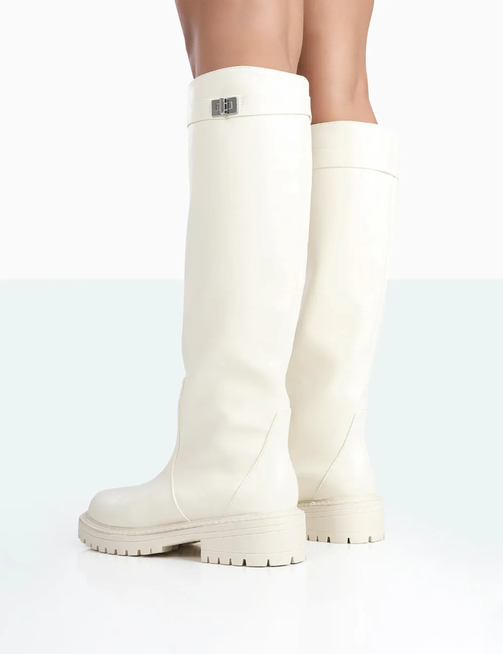 More Fun Ecru PU Round Toe Knee High Boots
