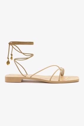 High Step Embroider Edge Nadia Flat Sandal In Beige Leather