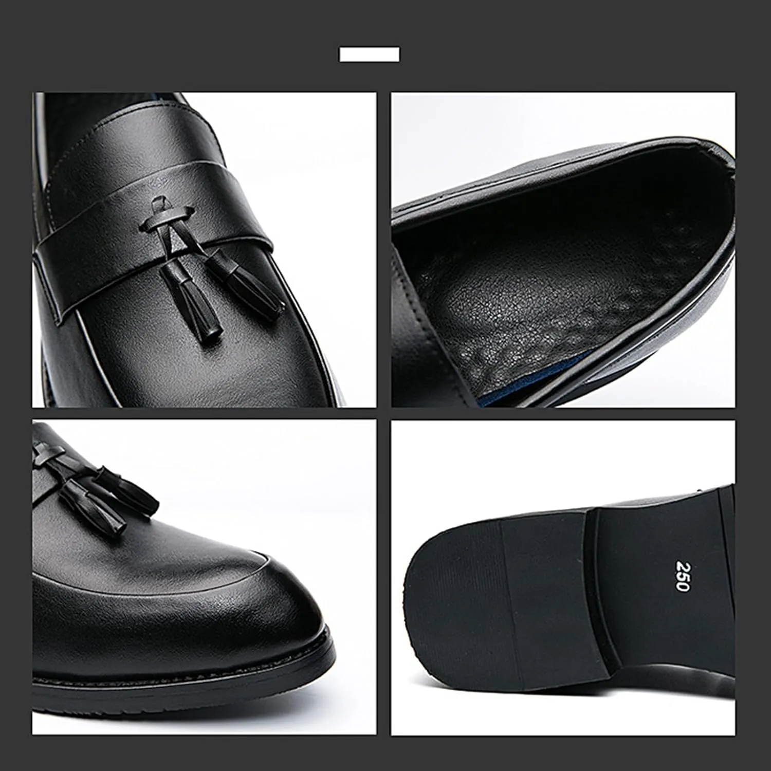 NELSBREXMen'S Leather Chunky Heel Dress Loafers Retro Pointed Tassel Breathable Non-Slip Slip-On Business Wedding Formal Shoes