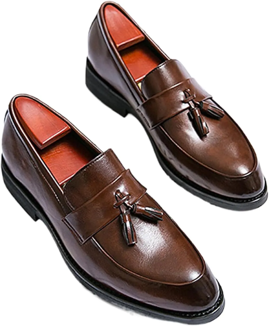 NELSBREXMen'S Leather Chunky Heel Dress Loafers Retro Pointed Tassel Breathable Non-Slip Slip-On Business Wedding Formal Shoes