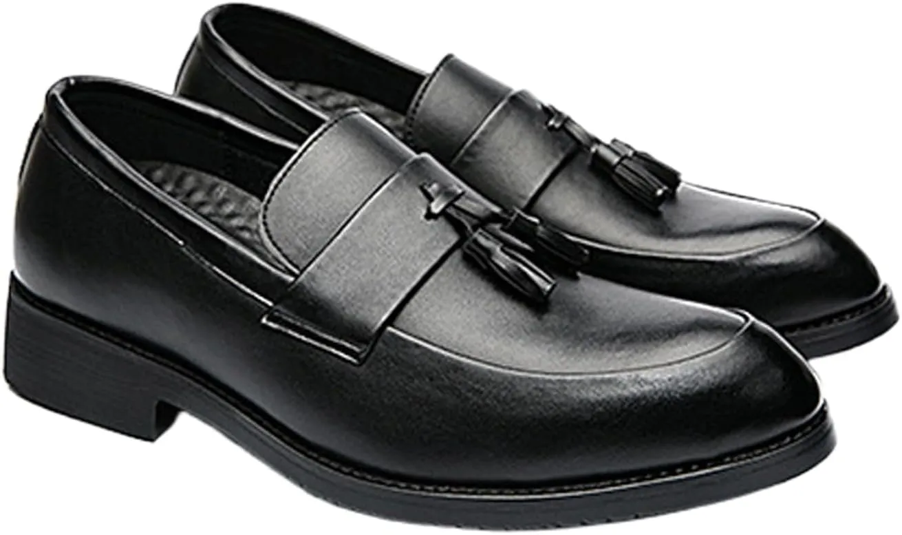 NELSBREXMen'S Leather Chunky Heel Dress Loafers Retro Pointed Tassel Breathable Non-Slip Slip-On Business Wedding Formal Shoes