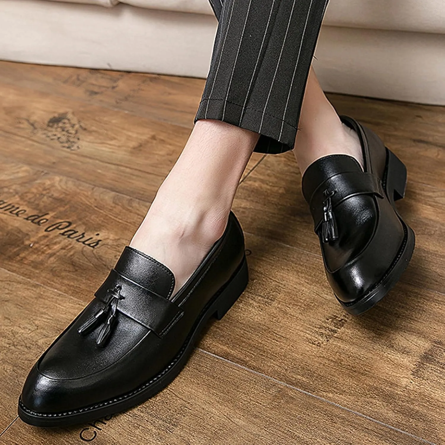 NELSBREXMen'S Leather Chunky Heel Dress Loafers Retro Pointed Tassel Breathable Non-Slip Slip-On Business Wedding Formal Shoes