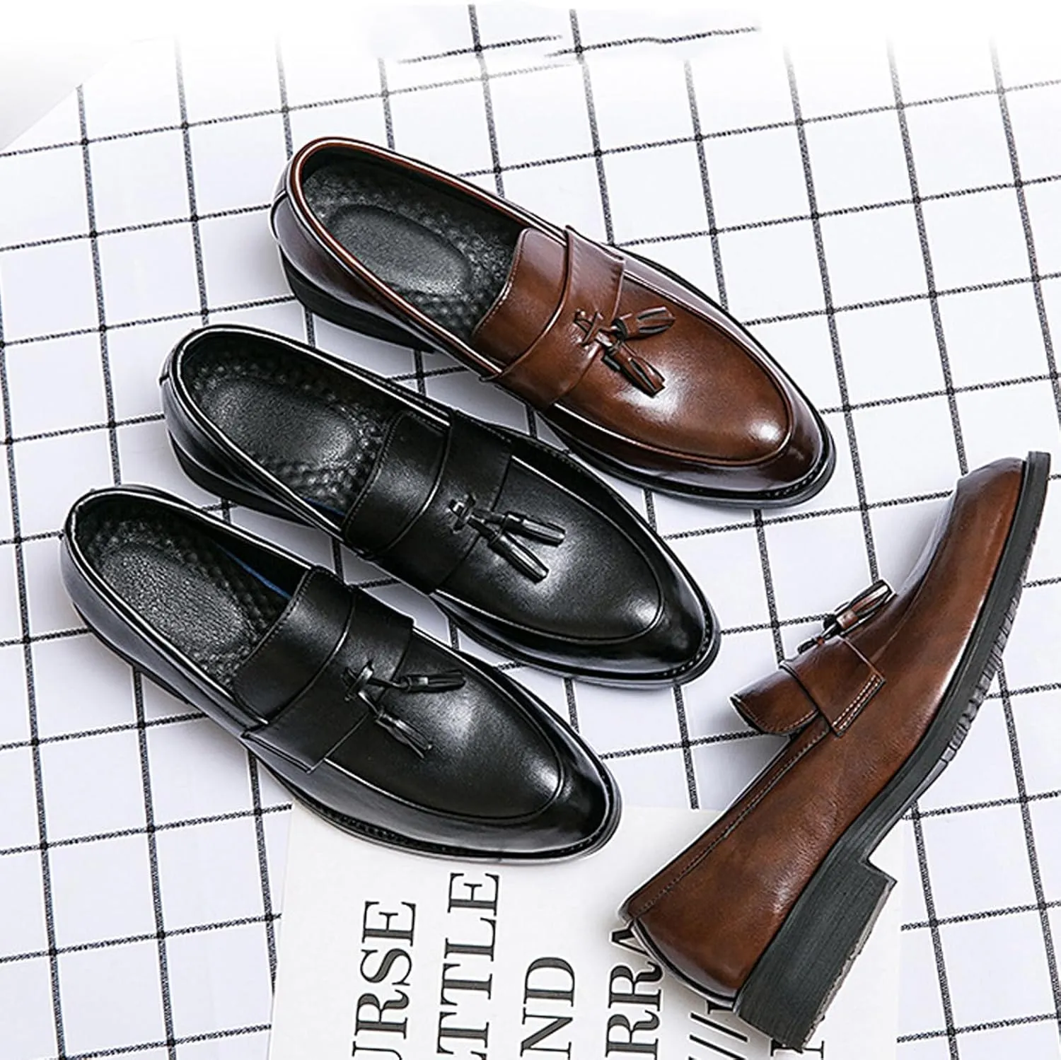 NELSBREXMen'S Leather Chunky Heel Dress Loafers Retro Pointed Tassel Breathable Non-Slip Slip-On Business Wedding Formal Shoes