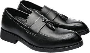 NELSBREXMen'S Leather Chunky Heel Dress Loafers Retro Pointed Tassel Breathable Non-Slip Slip-On Business Wedding Formal Shoes
