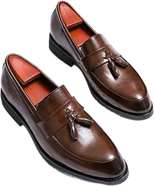NELSBREXMen'S Leather Chunky Heel Dress Loafers Retro Pointed Tassel Breathable Non-Slip Slip-On Business Wedding Formal Shoes