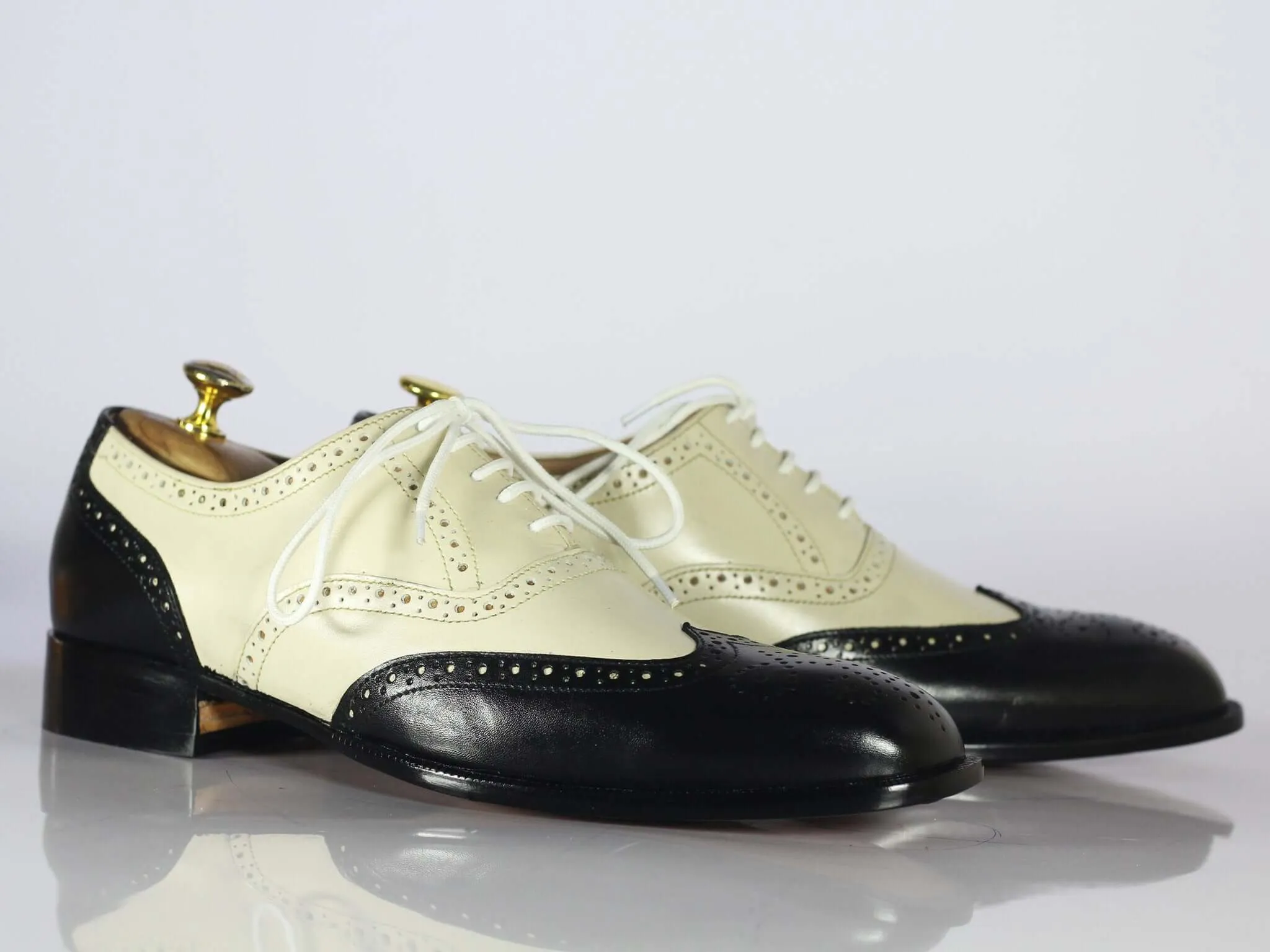 New Handmade Men's Black Off-White Leather Wing Tip Brogue Lace Up Shoes, Men Dress Formal Shoes